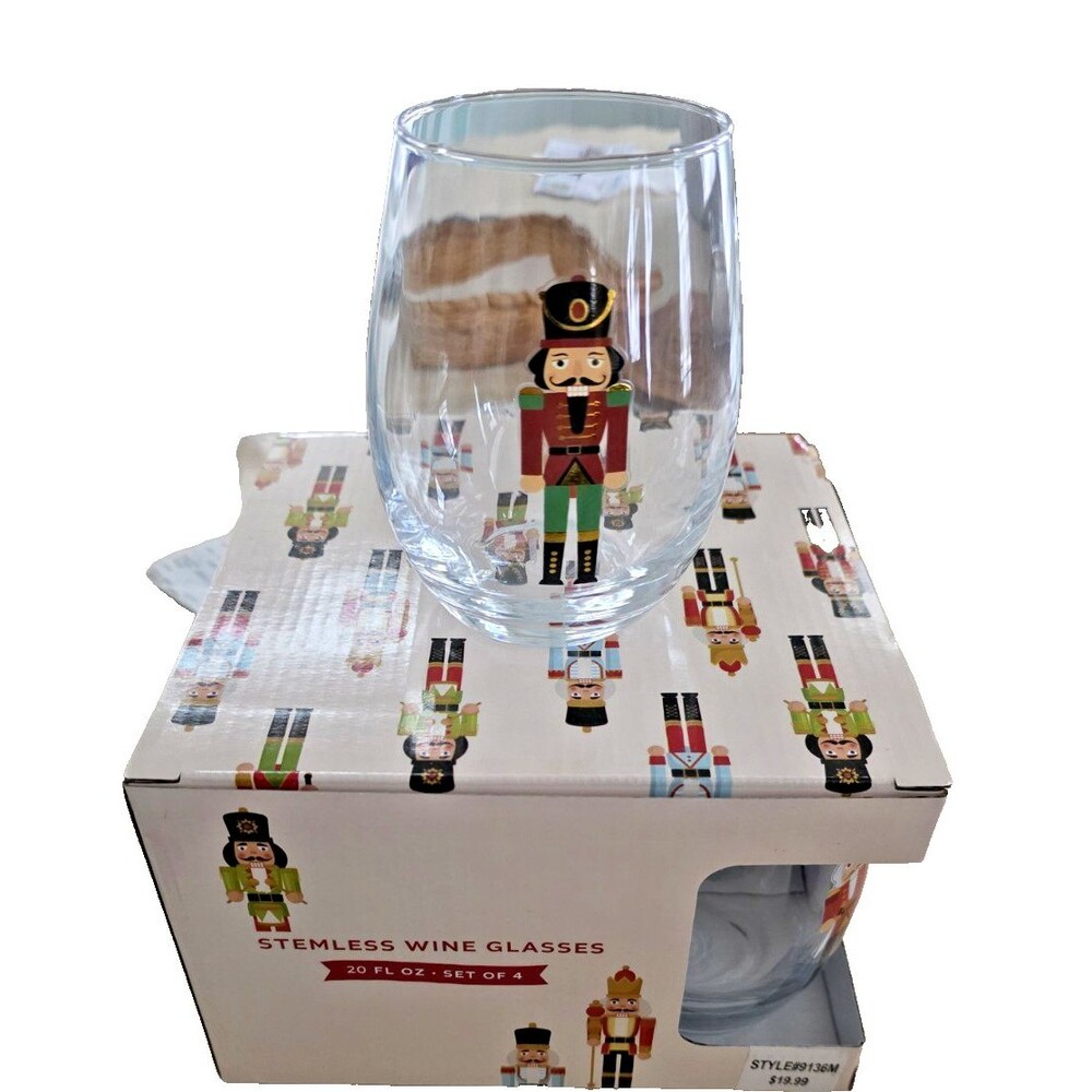 Home Essentials Winterberrie Lane Nutcracker Stemless Glasses Set of 4 New